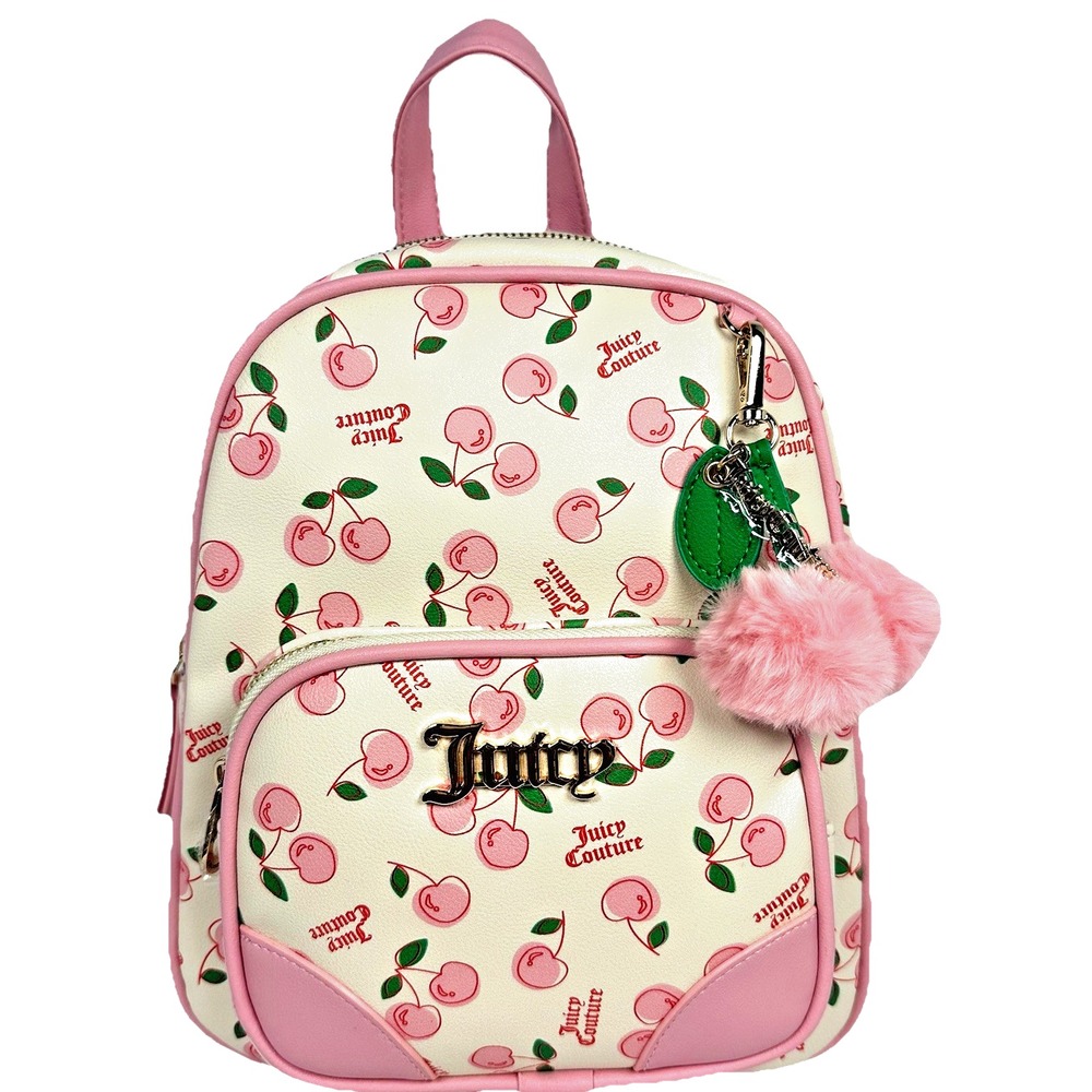 Juicy Couture Cherry Print Mini Backpack Pom Pom Charm Pink NWT